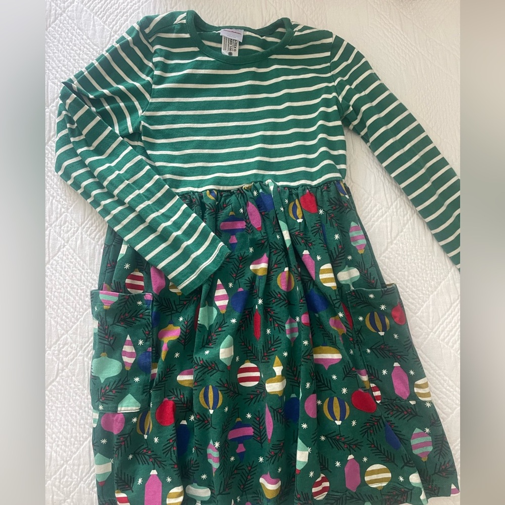 Hanna Andersson Green Striped and Ornament Print Dress